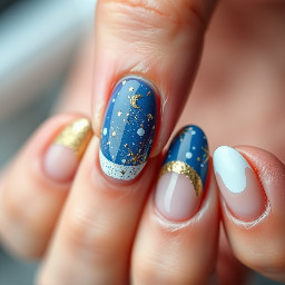 Short almond nails with the colors blue, gold, and white. French tip design, glitter on one of the fingers, constellations, stars, and moons.