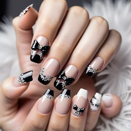 Ballerina shape nails with a nude base, white French tip, black tiger print, black bows, and small diamonds
