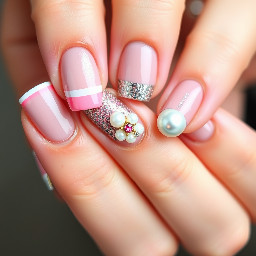 Short square Victoria’s Secret two tone pink stripe French, glitter stripe underneath French, pearl and pink gem bangle nail, chrome