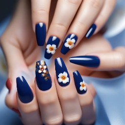 navy blue bit of crome and french tips with a simple flower for summer and acrilic