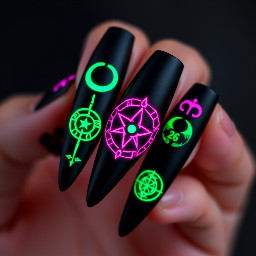 black matte stiletto nails with glowing neon pink and green sigils, occult symbols, crescent moons, summoning circle design, high contrast, dark background, futuristic witch aesthetic, ultra detailed, glossy glow effects