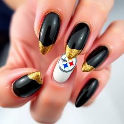 Create a set of medium length almond shaped nails that have black and gold tips on all of the fingers except the ring. Then have the ring finger all white with the 3 Steelers diamonds on it.