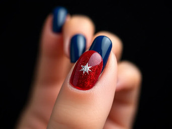Navy blue nails with ring finger nail dark red with a sparkly star