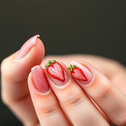 almond nails with blush design, strawberries
