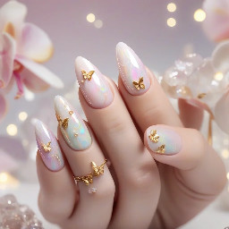 Ultra-luxury couture nail art, long almond-shaped nails with a flawless high-gloss finish. A sophisticated blend of pearlescent chrome, translucent jelly layers, iridescent aurora shimmer, and delicate white marble veining accented with fine metallic gold foil. Each nail features a unique composition including hand-painted orchids, miniature butterflies, crystalline dew drops, floating holographic flakes, and tiny freshwater pearls. Soft blush pink fades seamlessly into milky ivory with hints of champagne and opal. Ultra-realistic lighting, professional salon quality, macro beauty photography, razor-sharp detail, elegant feminine luxury aesthetic, premium editorial fashion styling, award-winning nail competition design, perfectly manicured cuticles, luxury spa presentation, highly detailed textures, photorealistic, 8K, masterpiece.