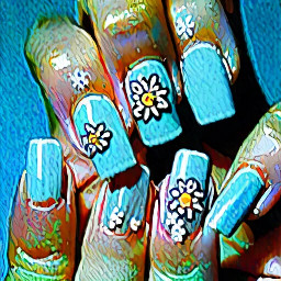 Nail set all nails are solid shades of      light blue but each    nail gets darker and darker as the nails go from the pinky to the thumb. The middle finger on the left hand is light blue French tip and the middle finger on the right hand is several small doodle uwhite flowers. The nails are almond shaped but as short as possible like only a bit smaller than the length of natural nails.