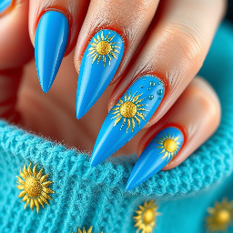 long sharp nails ending in a pointy tip based off a cha racter whose main colours are bright neon blue and golden, with sun motifs