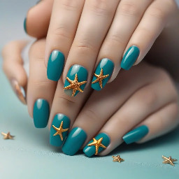 Teal nails with golden starfish minimal design