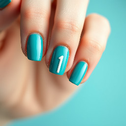 teal nails with a white 1 on the ring finger nail