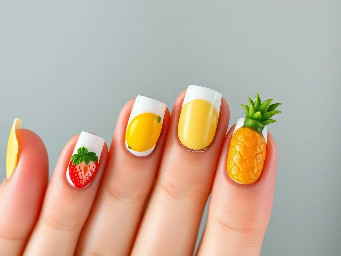 White nails with one fruit on each nail 1 strawberry nail 1 banana 1 lemon 1 mango 1 pineapple no repeated fruits