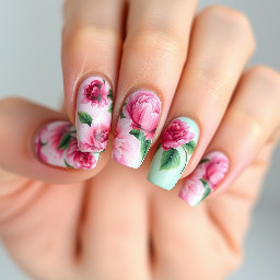 "Nail art aquarelle, motifs de peonies, palette rose/vert sauge, finition glossy, pour un événement printanier, 5 ongles + 1 accent nail