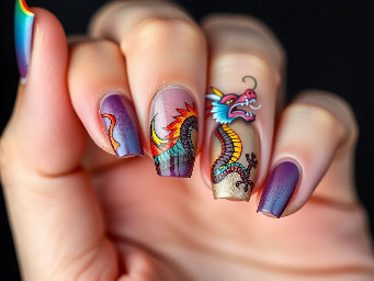 Nail with design of rainbow Chinese dragon with rainbow spikes