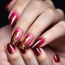 very ight pink base gradient to deep red, with golden flakes on the tips