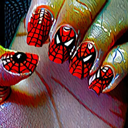Spider man themed. The middle finger is red with the spider man mask. The ring finger is red with black spider webs. The ring finger is black with a red spider. The thumb and pinky are red with black accents.