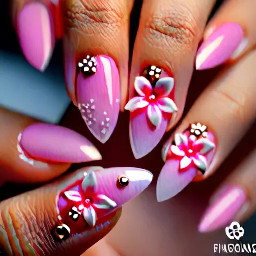 almond gradient long french nails that are pink with 3d flower charms that is elegant