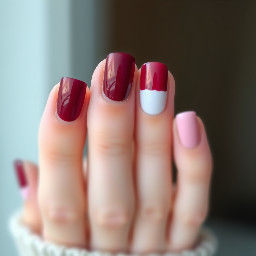 Okay maroon French tips and then a baby ish pink 🩷 vertical stripes and white