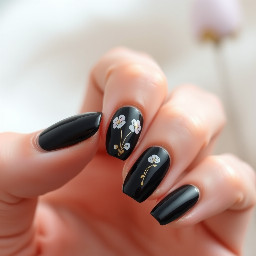 Elegant black nail design with a glossy or matte black base. Delicate floral details in white or soft pink, with thin, minimal linework. Subtle gold accents for contrast. Sophisticated, modern, and minimal
