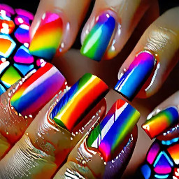 Square nails, with different colors of the rainbow on each nail which must be airbrushed like it starts in the middle and fades out and like a 3d flower