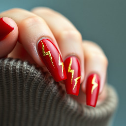 extra long redc nails with gold lightning shapes on them