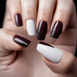 marron nails that say luray in marroon white and black