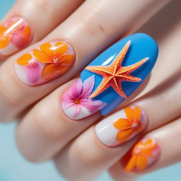Summer nails: blooming. Flower. Seastar blue/orange/pink