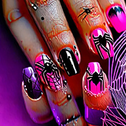 cute pink, black, and purple summmerween nails with stitches on one nail, a gradient nail, a nail drip with pink base and black drip, pink base with a black spiderweb and one with hearts