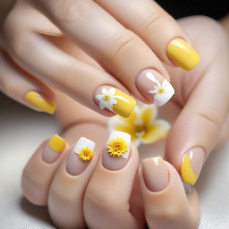 nude nail, yellow French tips, white flower design
