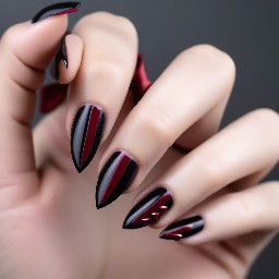 black stiletto french tip nails with a wine red bow and wine red outline
