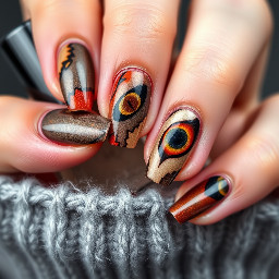 Create multiple images of nail sets with cats eye polish where each nail is a different colour but giving autumn/fall vibes