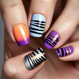 For a stunning nail design inspired by the union of a sunset, zebra, and cityscape, here's a step-by-step guide to achieve the perfect look:   **Materials Needed:** 1. Nail polish in the following colors:    - Sunset shades (oranges, pinks, purples, and blues)    - Black and white for the zebra pattern    - Metallic silver or gold for the cityscape    - Clear topcoat 2. Nail art brushes or nail striping tape 3. Nail polish remover 4. Cotton swabs 5. Nail file and buffer 6. Nail decals or stickers (optional) 7. Nail rhinestones or studs (optional)   **Step 1: Prepare Your Nails** - Start with clean, dry nails. Remove any old nail polish and shape your nails with a file. Buff the surface for a smooth canvas.   **Step 2: Base Coat** - Apply a clear base coat to protect your nails and help the polish adhere better. Allow it to dry completely.   **Step 3: Sunset Sky** - For the sunset element, choose a warm sunset color palette. Begin by applying a light orange or pink polish to the base of your nails. - Gradually layer different sunset colors (pink, purple, and blue) from the base towards the tips, blending them together like a gradient. Use a sponge or a makeup sponge applicator for a smoother transition. - Allow the sunset colors to dry completely.   **Step 4: Zebra Pattern** - For the zebra element, use black and white nail polish. - Use a nail art brush or nail striping tape to create zebra stripes on one or two accent nails. These stripes should be thin and irregular, mimicking zebra stripes. - Allow the zebra stripes to dry completely.   **Step 5: Cityscape** - For the city element, choose a metallic silver or gold polish for a futuristic cityscape. - On the remaining nails, create a cityscape by drawing skyscrapers and buildings with the metallic polish. You can use a thin nail art brush for this. - Allow the cityscape to dry completely.   **Step 6: Details and Accents (Optional)** - If desired, you can add nail decals, stickers, or rhinestones to enhance the design. Place them strategically on the nails where it complements the overall look.   **Step 7: Top Coat** - Apply a clear topcoat to seal and protect your design. This will give your nails a glossy finish and make the design last longer.   **Step 8: Cleanup** - Use a cotton swab dipped in nail polish remover to clean up any polish mistakes or excess around the edges of your nails.   **Step 9: Final Touches** - Allow your nails to dry completely before going about your day.   For the nail polish, you can find a wide range of colors and brands online. Consider using popular brands like OPI, Essie, or Sally Hansen. Here's a link to a popular online nail polish retailer: [Nail Polish Shop](https://www.nailpolishshop.com/)   With this design, you'll have a unique and eye-catching combination of a sunset, zebra, and cityscape on your nails, creating a one-of-a-kind look that's sure to impress.