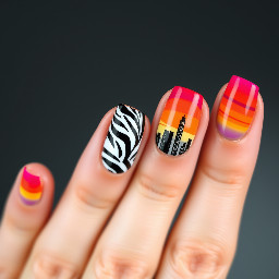 For a stunning nail design inspired by the union of a sunset, zebra, and cityscape, here's a step-by-step guide to achieve the perfect look:   **Materials Needed:** 1. Nail polish in the following colors:    - Sunset shades (oranges, pinks, purples, and blues)    - Black and white for the zebra pattern    - Metallic silver or gold for the cityscape    - Clear topcoat 2. Nail art brushes or nail striping tape 3. Nail polish remover 4. Cotton swabs 5. Nail file and buffer 6. Nail decals or stickers (optional) 7. Nail rhinestones or studs (optional)   **Step 1: Prepare Your Nails** - Start with clean, dry nails. Remove any old nail polish and shape your nails with a file. Buff the surface for a smooth canvas.   **Step 2: Base Coat** - Apply a clear base coat to protect your nails and help the polish adhere better. Allow it to dry completely.   **Step 3: Sunset Sky** - For the sunset element, choose a warm sunset color palette. Begin by applying a light orange or pink polish to the base of your nails. - Gradually layer different sunset colors (pink, purple, and blue) from the base towards the tips, blending them together like a gradient. Use a sponge or a makeup sponge applicator for a smoother transition. - Allow the sunset colors to dry completely.   **Step 4: Zebra Pattern** - For the zebra element, use black and white nail polish. - Use a nail art brush or nail striping tape to create zebra stripes on one or two accent nails. These stripes should be thin and irregular, mimicking zebra stripes. - Allow the zebra stripes to dry completely.   **Step 5: Cityscape** - For the city element, choose a metallic silver or gold polish for a futuristic cityscape. - On the remaining nails, create a cityscape by drawing skyscrapers and buildings with the metallic polish. You can use a thin nail art brush for this. - Allow the cityscape to dry completely.   **Step 6: Details and Accents (Optional)** - If desired, you can add nail decals, stickers, or rhinestones to enhance the design. Place them strategically on the nails where it complements the overall look.   **Step 7: Top Coat** - Apply a clear topcoat to seal and protect your design. This will give your nails a glossy finish and make the design last longer.   **Step 8: Cleanup** - Use a cotton swab dipped in nail polish remover to clean up any polish mistakes or excess around the edges of your nails.   **Step 9: Final Touches** - Allow your nails to dry completely before going about your day.   For the nail polish, you can find a wide range of colors and brands online. Consider using popular brands like OPI, Essie, or Sally Hansen. Here's a link to a popular online nail polish retailer: [Nail Polish Shop](https://www.nailpolishshop.com/)   With this design, you'll have a unique and eye-catching combination of a sunset, zebra, and cityscape on your nails, creating a one-of-a-kind look that's sure to impress.