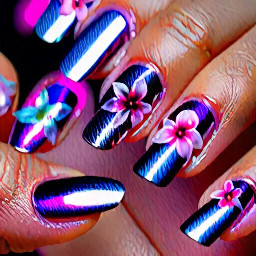Stilettoblack nails with purple iridescent flower , pink iridescent flower, blue iridescent flower