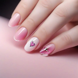Almond shape, thumb- pink cat eye gel, pointer finger I heart Jesus middle finger cross next finger French tip with moomoo design pinky finger normal French tip