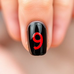 Black nail with a red letter 9 on it