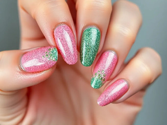 i want pink and green fancy nancy glitter princess whimsy almond shape nails