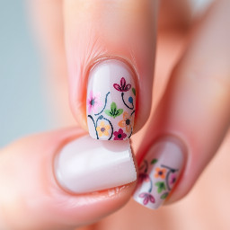 In style of macro photo, single hand, create nail art on fingernails based on: nails centered full view, sharp focus, true color, photoreal, 4k