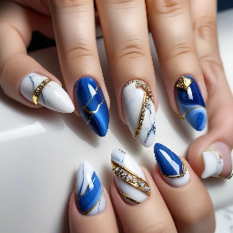 -blue cat eye color  -White color (for marble nails) -Almond shaped -Blue&gold junk nails on ring fingers -small gold rhinestones on white/blue cat eye marble nails. No rhinestones on the other nails. The marble is white with the blue One nail in each column needs to be a junk nail. No nails are just white. One nail in each column is marble and gold w/small rhinestones spotted around it