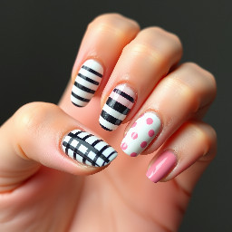 Some white and navy stripes, pointer and ring finger cute French dip, middle horizontal stripes pinky polkadots, and any other few colors that you think is best in almond short short