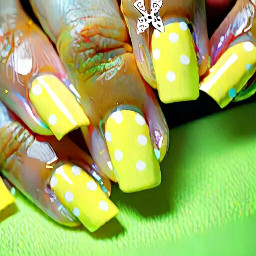 Pinky nail pastel yellow French tip ring finger pastel yellow French tip with white bow middle finger pastel yellow with white polka dots pointer finger pastel yellow French and similar for thumb show full hand