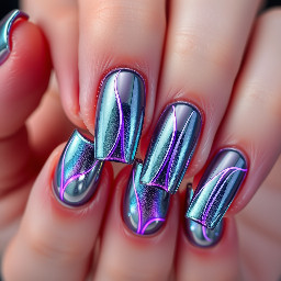 Chunky square nails,liquid chrome silver finish,holographic deep purple accents, glowing LED cyber line details, futuristic style.