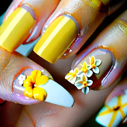 nude nail, yellow French tips, white flower design