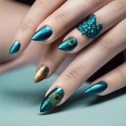 I want almond shaped dip nails with medium length extension, with a design in peacock teal