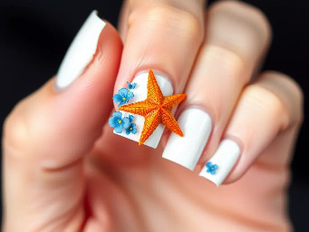 short white square nails with small blue hibiscus flowers in the corner and an orange star fish