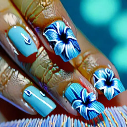 could you make short gel nails with sea waves coming from the top that stops half way down the nail with a baby blue hibiscus flower on the ring finger