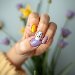 Easter nail art, purple and yellow, no bunny