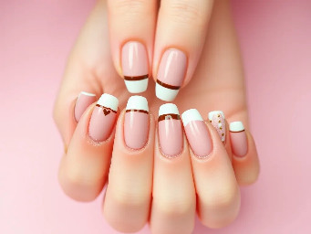 Create ONE complete press-on nail set of 10 individual nails, displayed separately in two neat rows of five on a soft blush pink background, like a Pinterest nail artist inspiration photo.  The set is a glossy short-to-medium almond shape. The base is sheer pink/neutral. Use a mix of chocolate brown and white French tips, tiny brown and white polka dots, and a few subtle gold accents. Include one or two nails with a delicate brown outline French, one with a small brown heart, and one with a simple brown-and-white dot pattern.  The overall look is preppy, feminine, clean, and elevated, like a cute teenage girl’s Pinterest manicure. Keep the designs coordinated but not identical. No flowers on every nail. No butterflies, rainbows, smiley faces, cartoon characters, bright green, or childish graphics. No hands, no fingers, no text, no watermark. Make the nails look like real press-on tips that an intermediate nail tech could recreate.