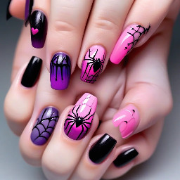 cute pink, black, and purple summmerween nails with stitches on one nail, a gradient nail, a nail drip with pink base and black drip, pink base with a black spiderweb and one with hearts