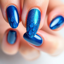 Close-up of almond nails, hyper-realistic. Cyberpunk, holographic tech, futuristic, translucent layers, digital motifs. Shades of blue (holographic blue, electric cyan, deep navy, icy white.