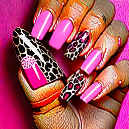 almond nails, medium length.  Thumb/Pinky: solid raspberry pink/red colour Pointer/Ring finger: leopard print french tips (baby pink colour for french tip colour) Middle finger: Nude base with baby pink star OUTLINED in raspberry pink/red colour.