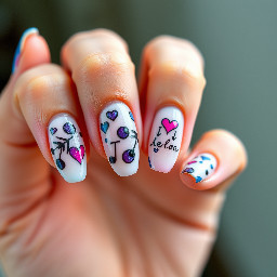 Steve lacy oh yeah? Album inspired nails, almond shape, random soft shapes blues pinks purples calm tattoos and the quote “life is but a stain not a tattoo”